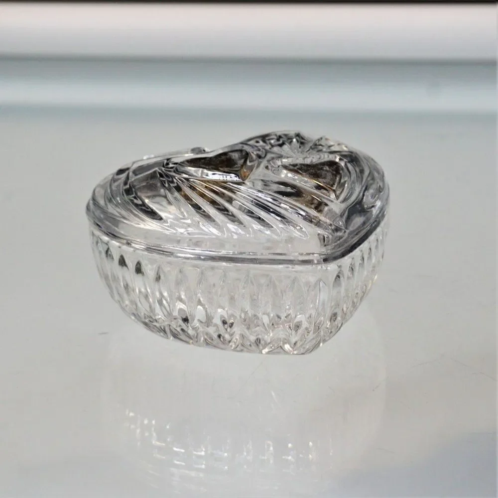 Vintage Trinket Dish Heart Shaped Starburst Crystal Cut Glass Jewelry Box